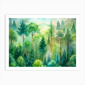 Watercolor Misty Forest Landscape Art Print