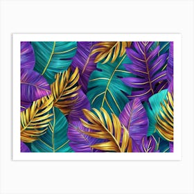 Tropical Colorful Leaves in Blue Green Gold Purple Hand Painted 3d Illustration Floral Seamless Pattern Art Print