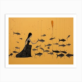 Woman With Fishes Art Print