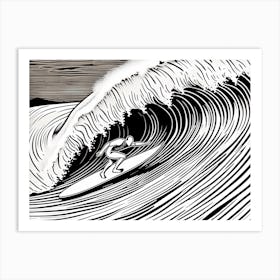 Linocut Black And White Surfer On A Wave art, surfing art, 7 Art Print