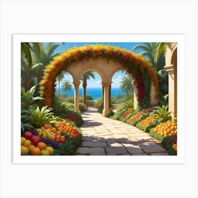 Tropical Garden Pathway With Fruit Arches And Ocean View 1 Art Print