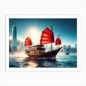 Red Boat In Hong Kong Art Print