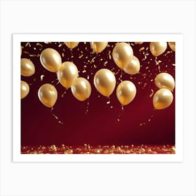 A Celebratory Scene With A Mix Of Gold Balloons Floating Against A Red Background Art Print