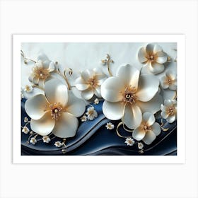 Sophisticated 3d Artwork Design, White And Blue Tones, Golden Jewelry, Floral Motifs 3 Art Print