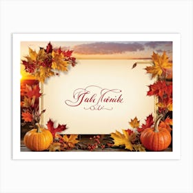 Autumn Themed Thank You Card Ornate Calligraphy Sweeping Across The Centre Leaves In Reds Golds (1) Art Print