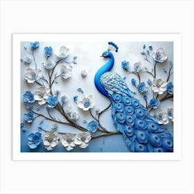 3d Blue Peacock On Branch With Flowers 1 Art Print