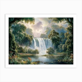 Majestic Waterfall Forest with Flowers Painting #10 Art Print