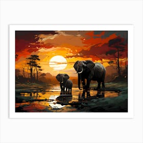 Sacred Bond Illustration Of Maternal Connection Of The Mother Elephant And Her Calf Art Print