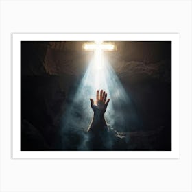 An Ultra Realistic Depiction Of A Hand Raised In A Gesture Of Prayer Emerging From Darkness Into A (4) Art Print