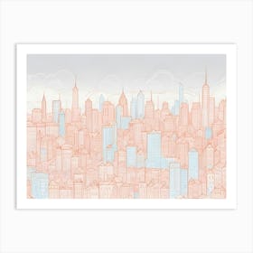 A Stylized Cityscape Skyline With A Watercolor Effect, Rendered In Shades Of Pink And Blue Art Print