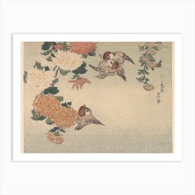 Sparrows And Chrysanthemums, Katsushika Hokusai Art Print