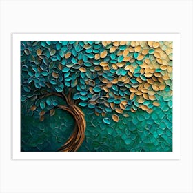 Abstract 3d Tree Artwork With Swirling Turquoise, Blue, And Brown Leaves, Dynamic Green Hexagon Art Print