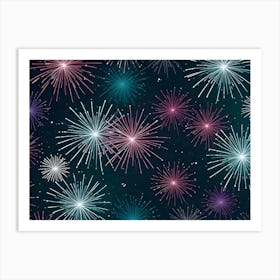 Abstract Background With Stylized Fireworks In A Variety Of Colors Against A Dark Blue Background 5 Art Print