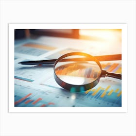 Magnifying Glass And Pen Over Business Document With Charts And Graphs Art Print