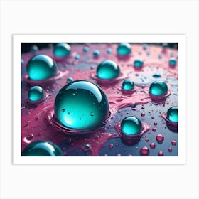 Close Up Of Teal And Pink Liquid With Reflective, Metallic Bubbles, Creating A Mesmerizing Abstract Pattern Art Print