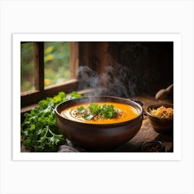 Autumn Pumpkin Curry Soup Steaming In An Earthenware Bowl Vibrant Orange Against Dark Green Lettuc (5) Art Print