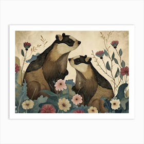 Floral Animal Illustration Badger 3 Art Print