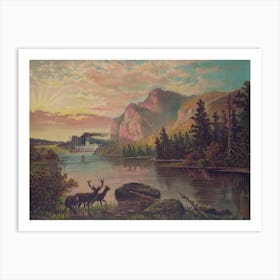 American River Scene With Stag Art Print