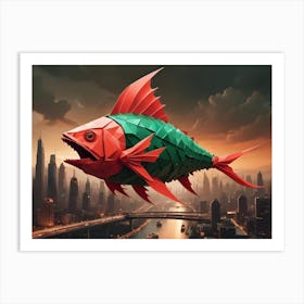 A Giant, Stylized Fish With Red And Green Geometric Shapes Flies Over A Futuristic Cityscape Art Print