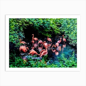 Flamingos in a Tranquil Lagoon. A serene scene of vibrant pink flamingos wading and interacting in a lush, green lagoon surrounded by dense foliage. The water reflects their elegant forms, creating a harmonious connection between nature and wildlife. 3 Art Print