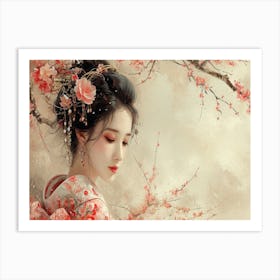 Geisha Grace: Elegance in Burgundy and Grey. Asian Girl Art Print