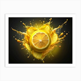 Lemon Slices With Juice Splashing On A Black Background Art Print