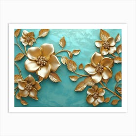 The Classic Design With Turquoise Shapes And Golden Branched Flowers Art Print