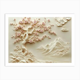 3d Beautiful Sakura Tree And Mountain Art Print