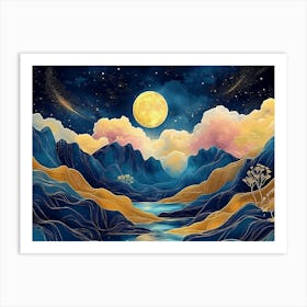 3d Modern Art with Night Landscape with Dark Mountains, Dark Black Background with Stars 1 Art Print