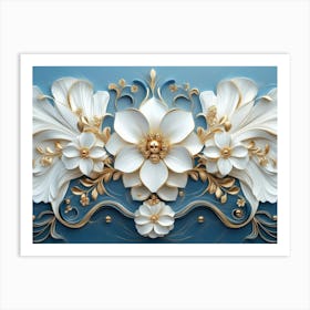 Intricate 3d Artwork Illustration with a White and Blue Backdrop, Embellished with Gold Jewelry Art Print