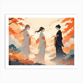 An Illustration Of Three Figures In Traditional Japanese Clothing Standing By A River In A Forest During Autumn Art Print