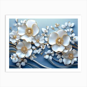 White Flowers On A Blue Background 4 Art Print