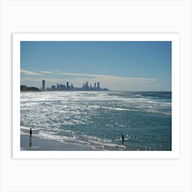 Aerial Beach Photo With Waves, Swimmers And Cityscape / Buildings In The Background. Art Print