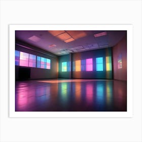 An Empty Room With Colorful Light Streaming Through The Windows, Casting Vibrant Reflections On The Floor Art Print