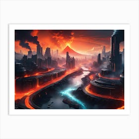 Cyberpunk city with lava and river 1 Art Print