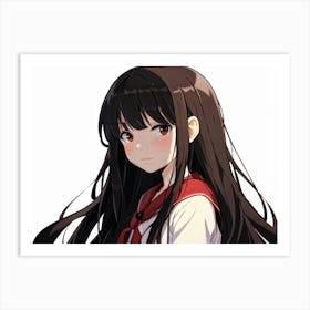 Anime Style Portrait Of A 10 Year Old Girl With Long Straight Black Hair Reddish Brown Eyes Pale Art Print