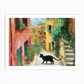 Black Cat In Rome, Italy, Street Art Watercolour Painting 4 Art Print
