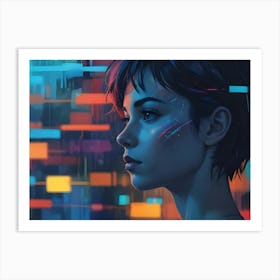 Portrait Of A Young Woman With Short Hair, Illuminated By Neon Light, With Digital Interface Elements Overlaying Her Face Art Print