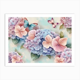 Watercolor Painting with Hydrangea Flowers Bouquets, Butterflies Art Print