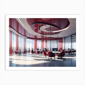 Modern Office Interior With Red Accents, Curved Ceiling, And Large Windows Overlooking A Cityscape Art Print