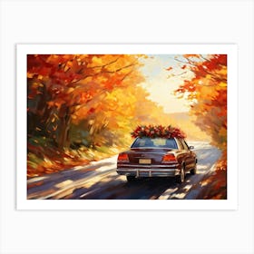 Autumnal Landscape Autumnal Leaves Cascading Down As A Car Adorned With Holiday Wreaths And Ribbon (1) Art Print