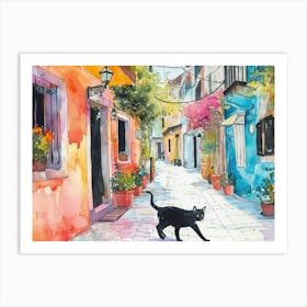Antalya, Turkey   Black Cat In Street Art Watercolour Painting 2 Art Print