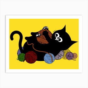 Black Cat Playing With Yarn Art Print