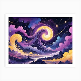 Whimsical Illustration Of Swirling Golden Waves And A Full Moon In A Starry Sky Above A Serene Landscape Art Print