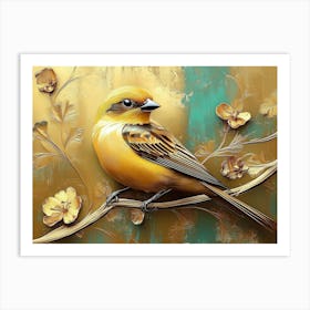 Golden Sparrow Bird on a Branch Art Print