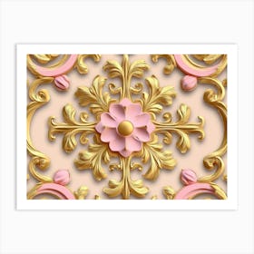 Seamless Relief Sculpture Pattern Gold Round Curve Cross Frame Pink Flower Plant Kaleidoscope Painting Art Print