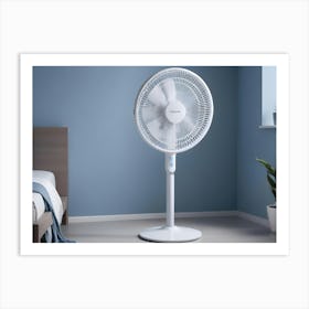 A White Pedestal Fan In A Bedroom Setting With A Bed And A Plant Art Print