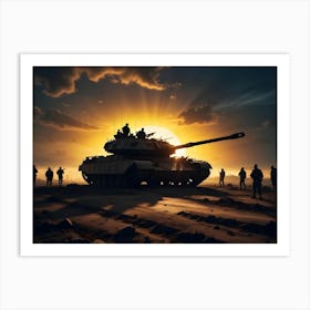 Silhouette Of A Tank And Soldiers Against A Bright Setting Sun In A Desert Environment Art Print