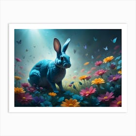 Blue Rabbit In A Field Of Flowers At Night, Butterflies Flying Around Art Print