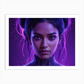 A Portrait Of A Woman With Glowing Purple Lines On Her Face, Creating A Futuristic And Cyberpunk Aesthetic Art Print